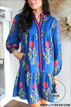 White Floral Print Contrast Striped Trim Notched Neck Long Sleeve Dress