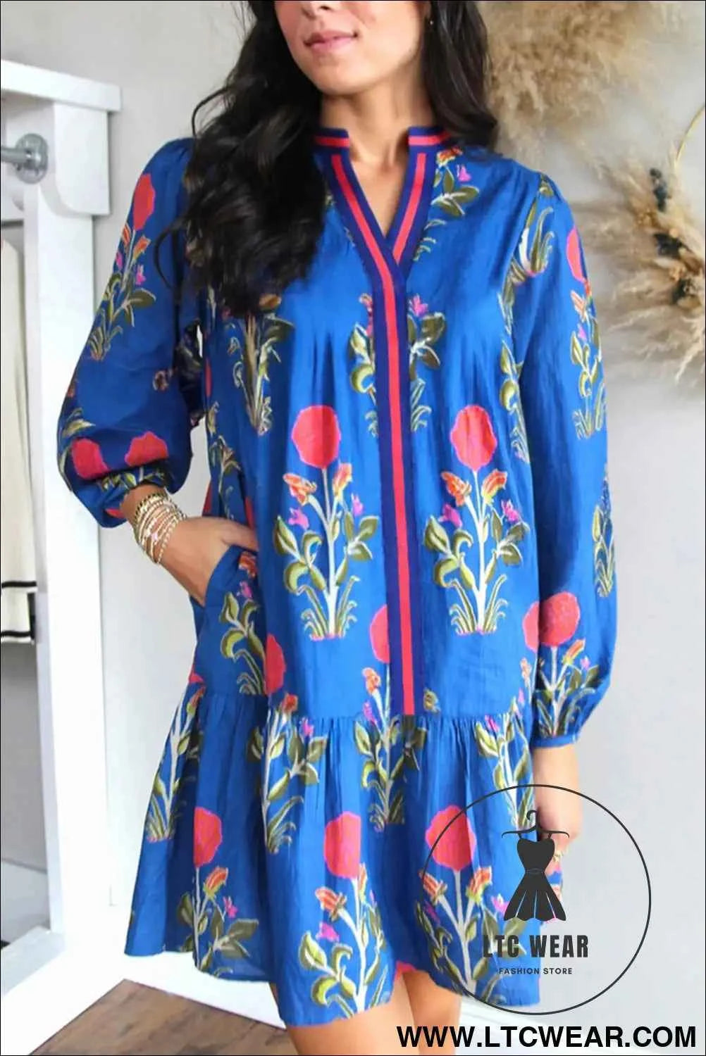 White Floral Print Contrast Striped Trim Notched Neck Long Sleeve Dress