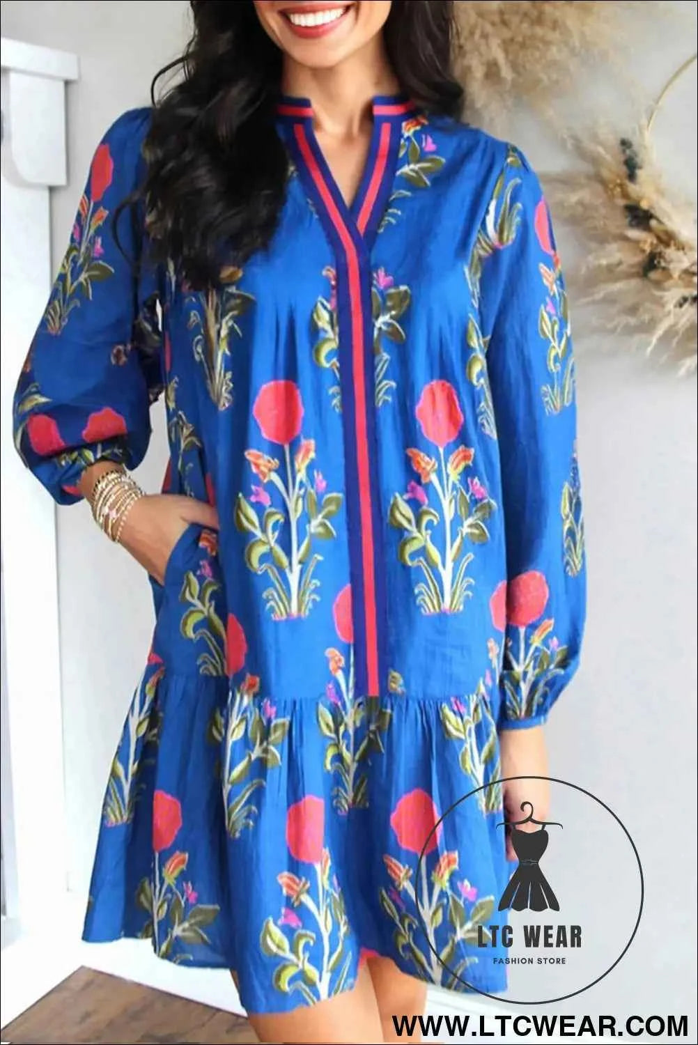 White Floral Print Contrast Striped Trim Notched Neck Long Sleeve Dress