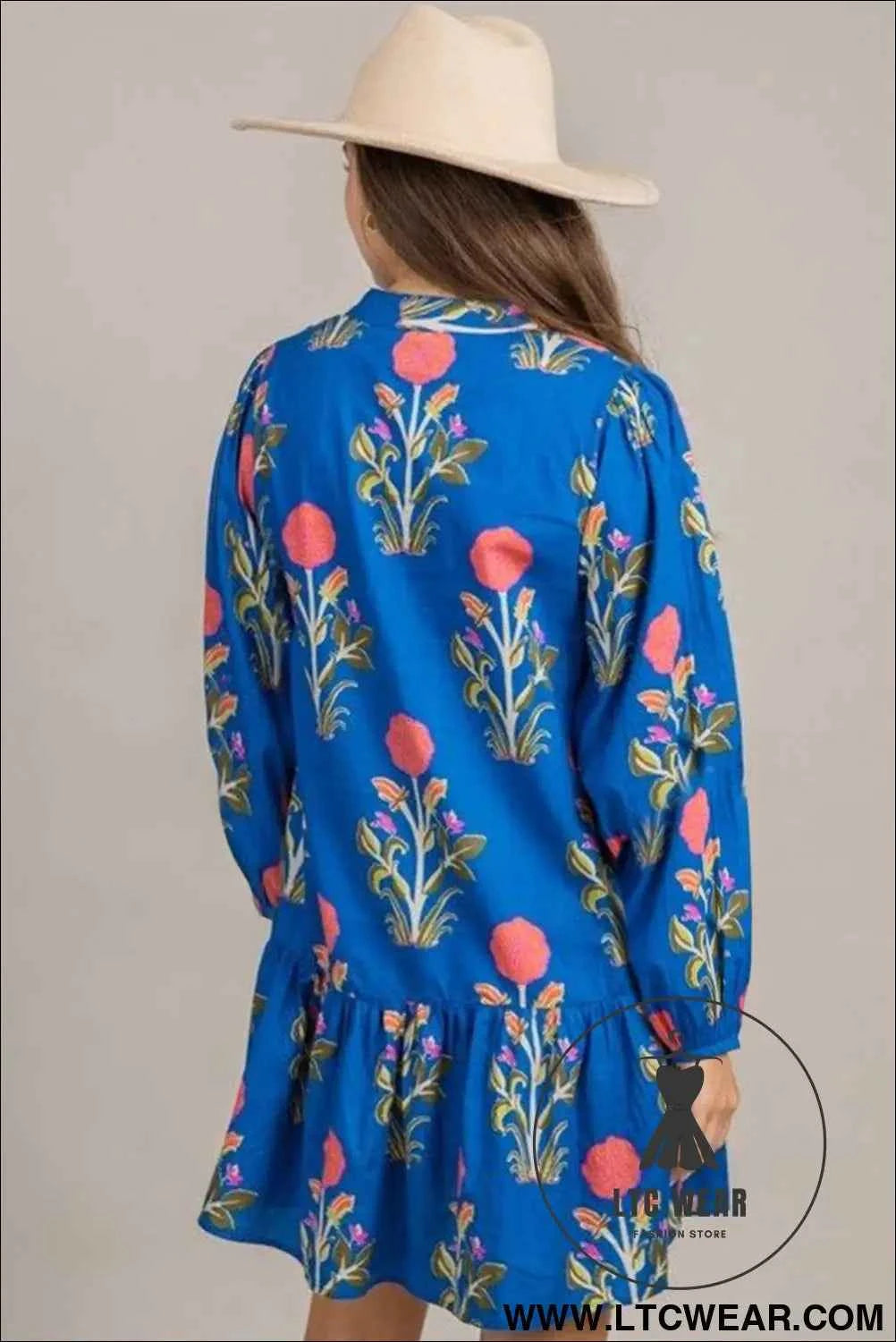 White Floral Print Contrast Striped Trim Notched Neck Long Sleeve Dress