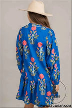 White Floral Print Contrast Striped Trim Notched Neck Long Sleeve Dress