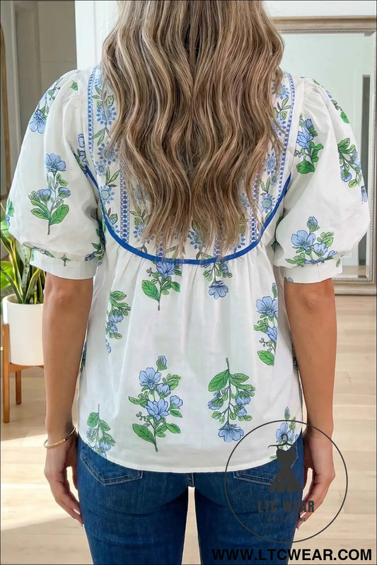White Floral Print Contrast Trim Tie Neck Blouse