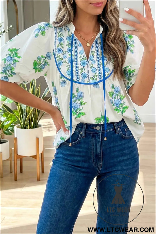 White Floral Print Contrast Trim Tie Neck Blouse