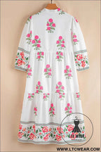White Floral Embroidered 3/4 Sleeve Tiered Maxi Dress