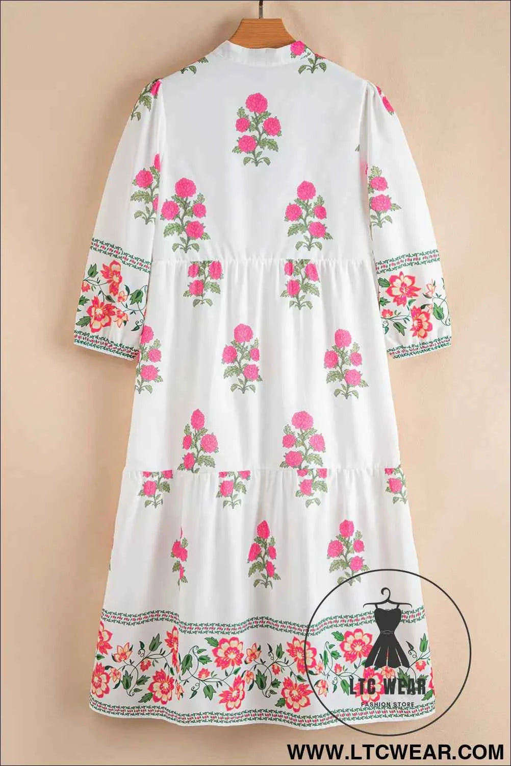 White Floral Embroidered 3/4 Sleeve Tiered Maxi Dress