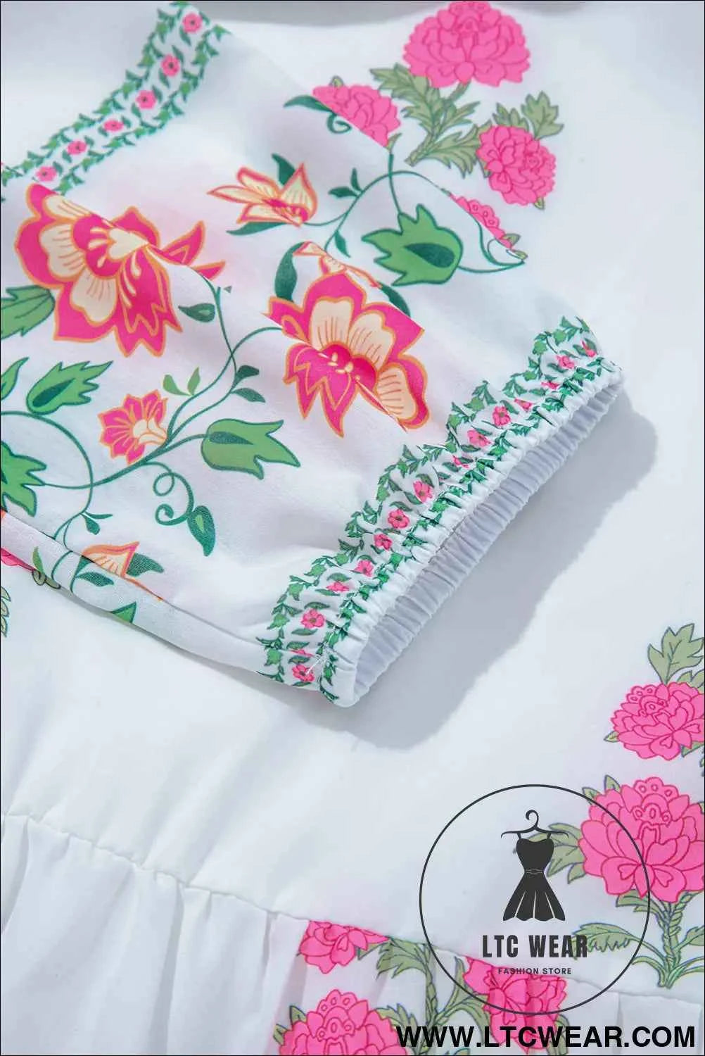 White Floral Embroidered 3/4 Sleeve Tiered Maxi Dress
