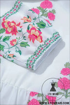White Floral Embroidered 3/4 Sleeve Tiered Maxi Dress