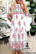 White Floral Embroidered 3/4 Sleeve Tiered Maxi Dress