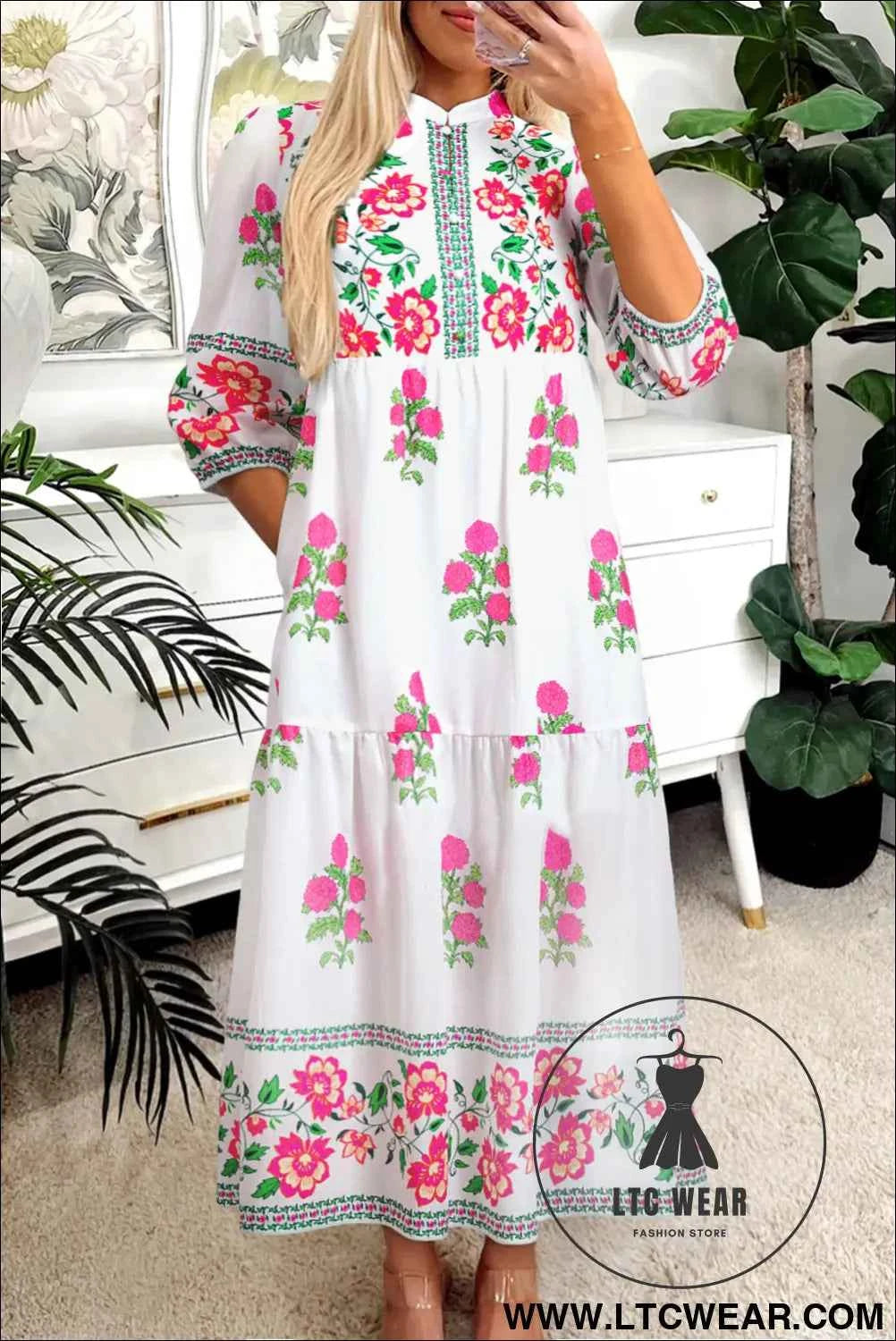 White Floral Embroidered 3/4 Sleeve Tiered Maxi Dress
