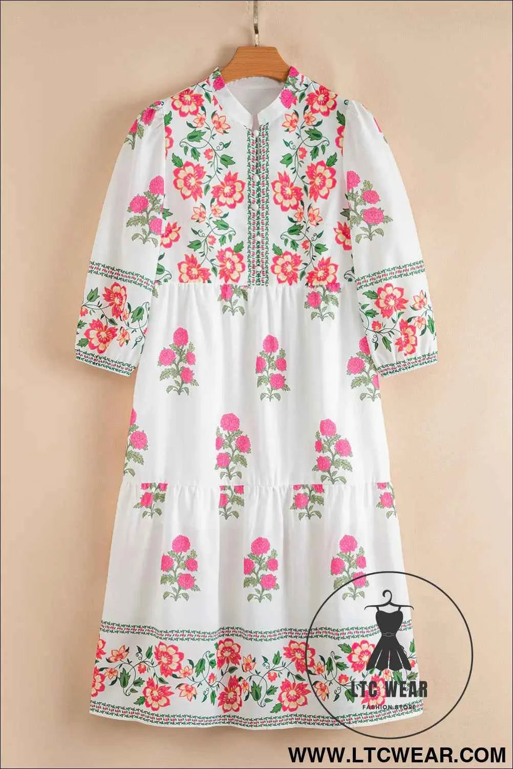 White Floral Embroidered 3/4 Sleeve Tiered Maxi Dress