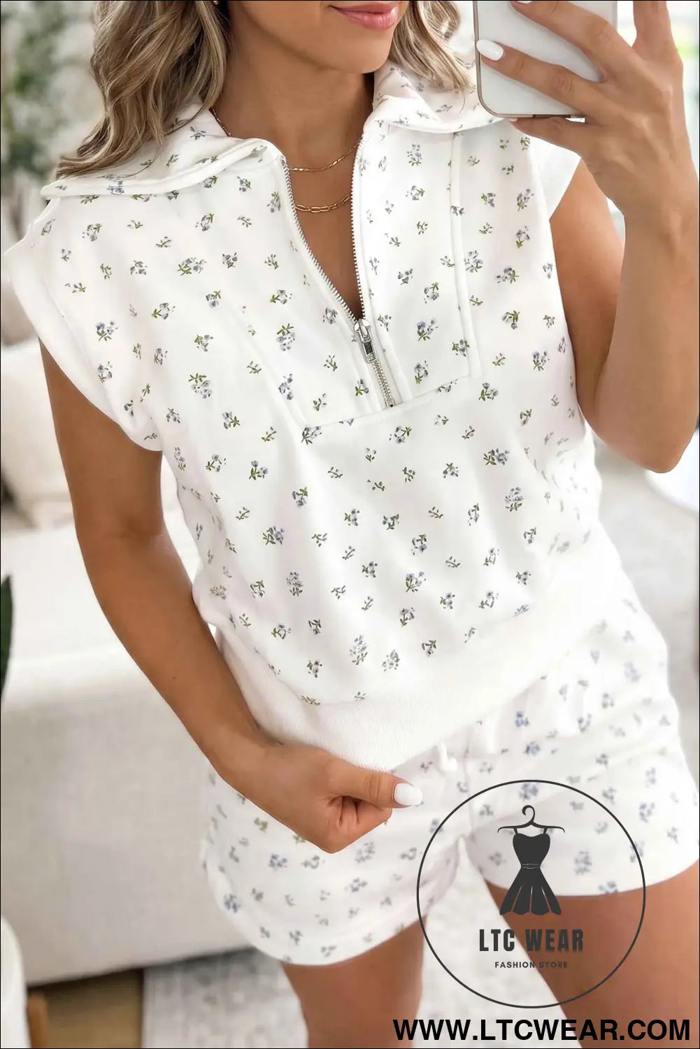 White Floral Print Half Zip Top Matching Short Set
