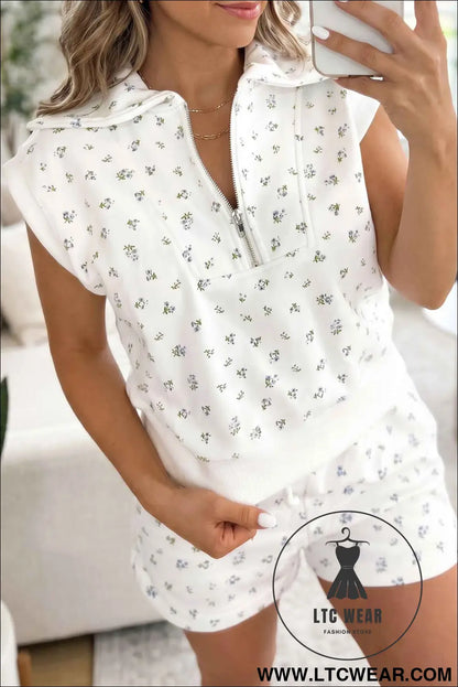 White Floral Print Half Zip Top Matching Short Set
