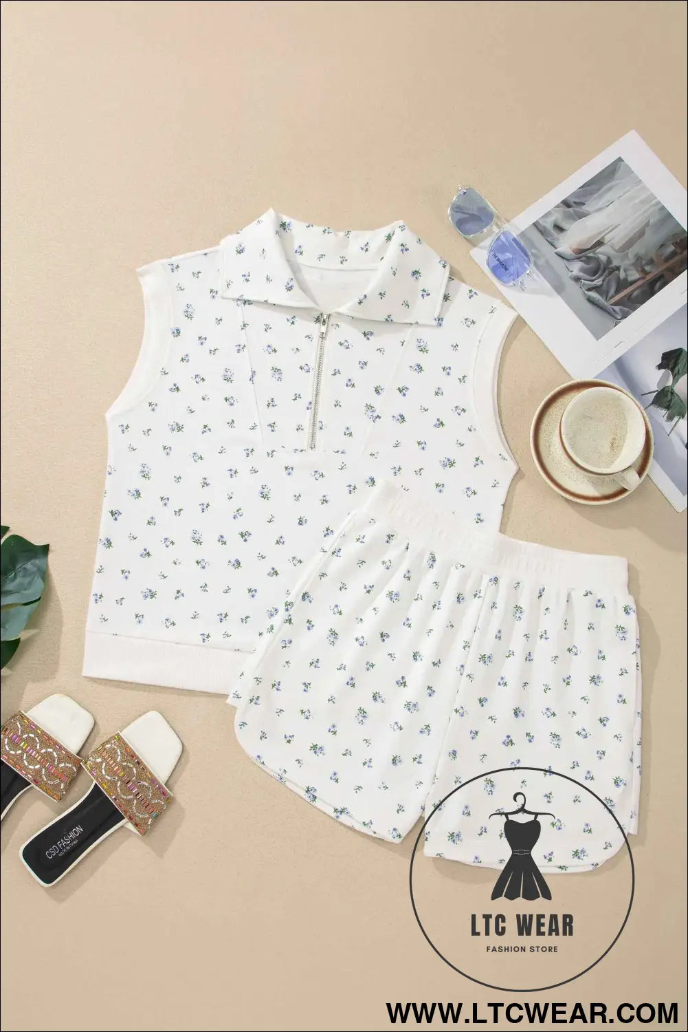White Floral Print Half Zip Top Matching Short Set