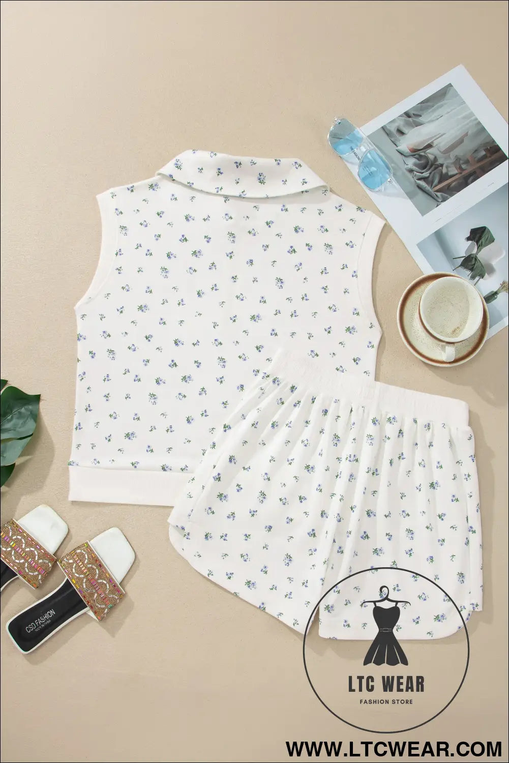 White Floral Print Half Zip Top Matching Short Set - L.T.C Wear Online Fashion Store