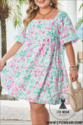 White floral print ric-rac trim square neck plus size mini dress - white / 1x / 100% polyester - plus size dresses