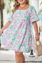 White floral print ric-rac trim square neck plus size mini dress - white / 1x / 100% polyester - plus size dresses