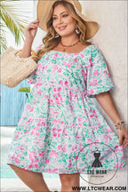 White floral print ric-rac trim square neck plus size mini dress - plus size dresses