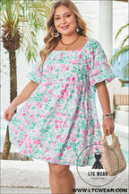 White floral print ric-rac trim square neck plus size mini dress - plus size dresses
