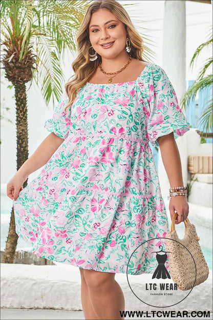 White floral print ric-rac trim square neck plus size mini dress - plus size dresses