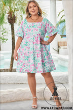 White floral print ric-rac trim square neck plus size mini dress - plus size dresses