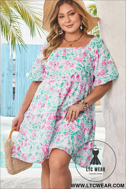 White floral print ric-rac trim square neck plus size mini dress - plus size dresses