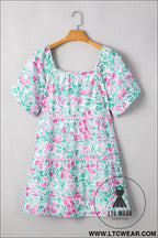 White floral print ric-rac trim square neck plus size mini dress - plus size dresses