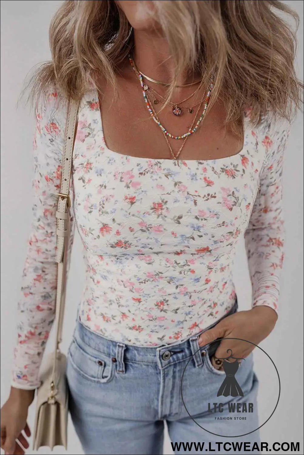 White Floral Print Slim Fit Square Neck Long Sleeve Top
