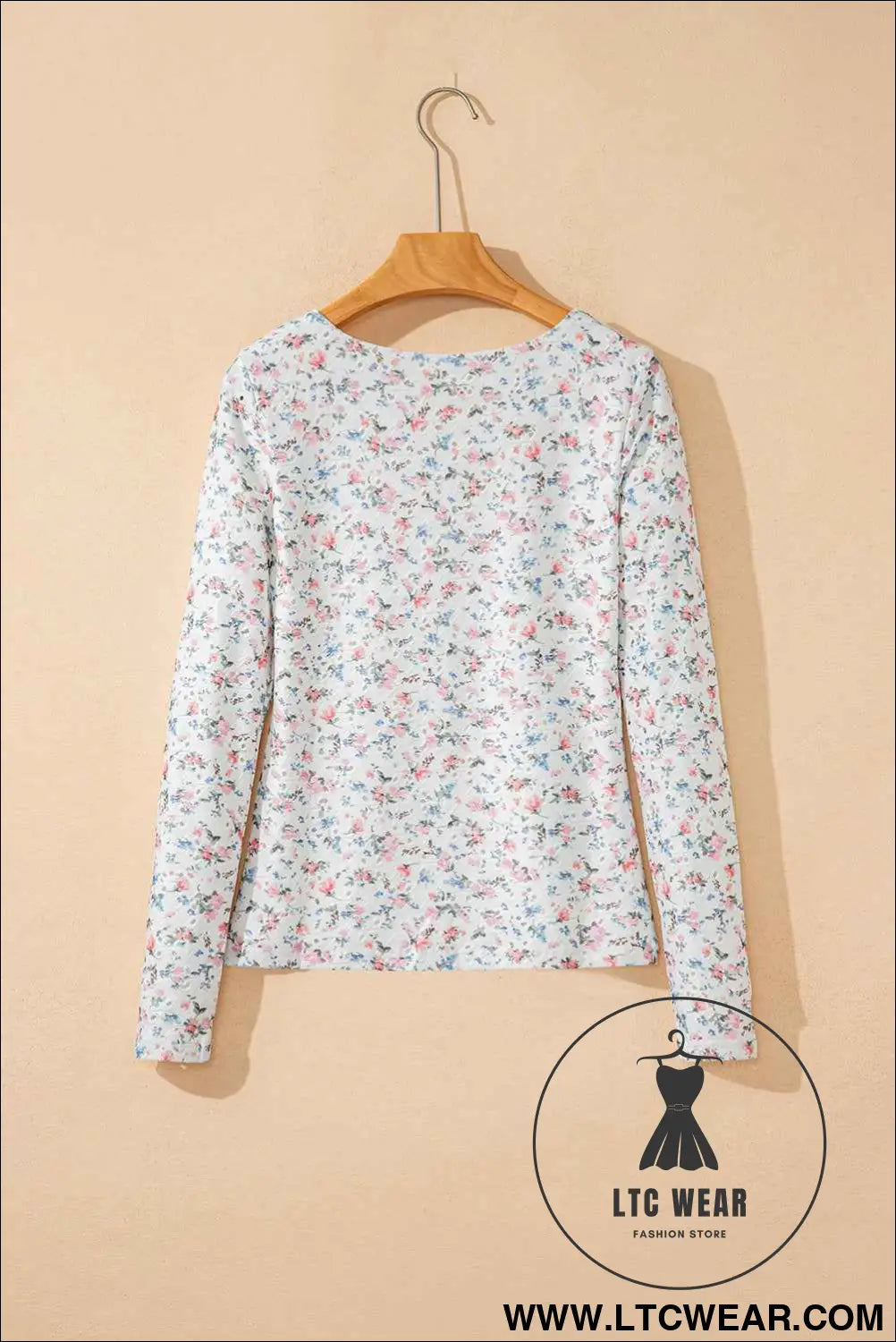 White Floral Print Slim Fit Square Neck Long Sleeve Top