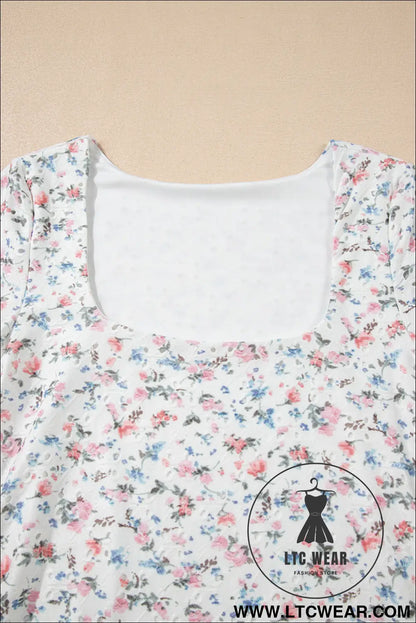 White Floral Print Slim Fit Square Neck Long Sleeve Top - L.T.C Wear Online Fashion Store
