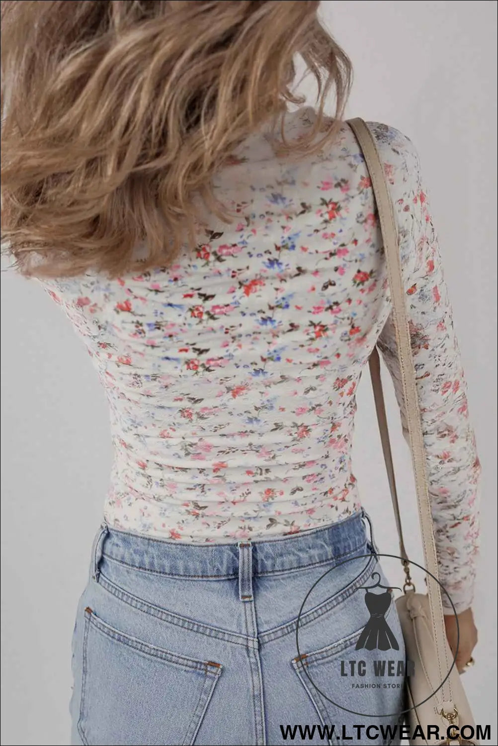 White Floral Print Slim Fit Square Neck Long Sleeve Top