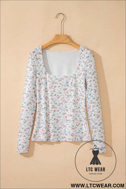 White Floral Print Slim Fit Square Neck Long Sleeve Top