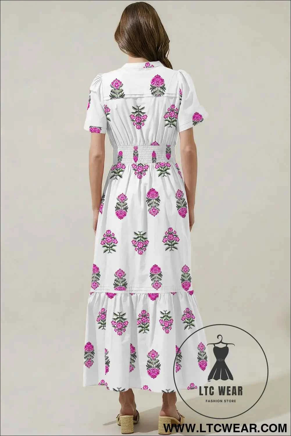White Floral Print Split Neck Shirred High Waist Ruffle Hem Maxi Dress