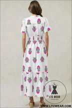 White Floral Print Split Neck Shirred High Waist Ruffle Hem Maxi Dress