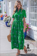 White Floral Print Split Neck Shirred High Waist Ruffle Hem Maxi Dress