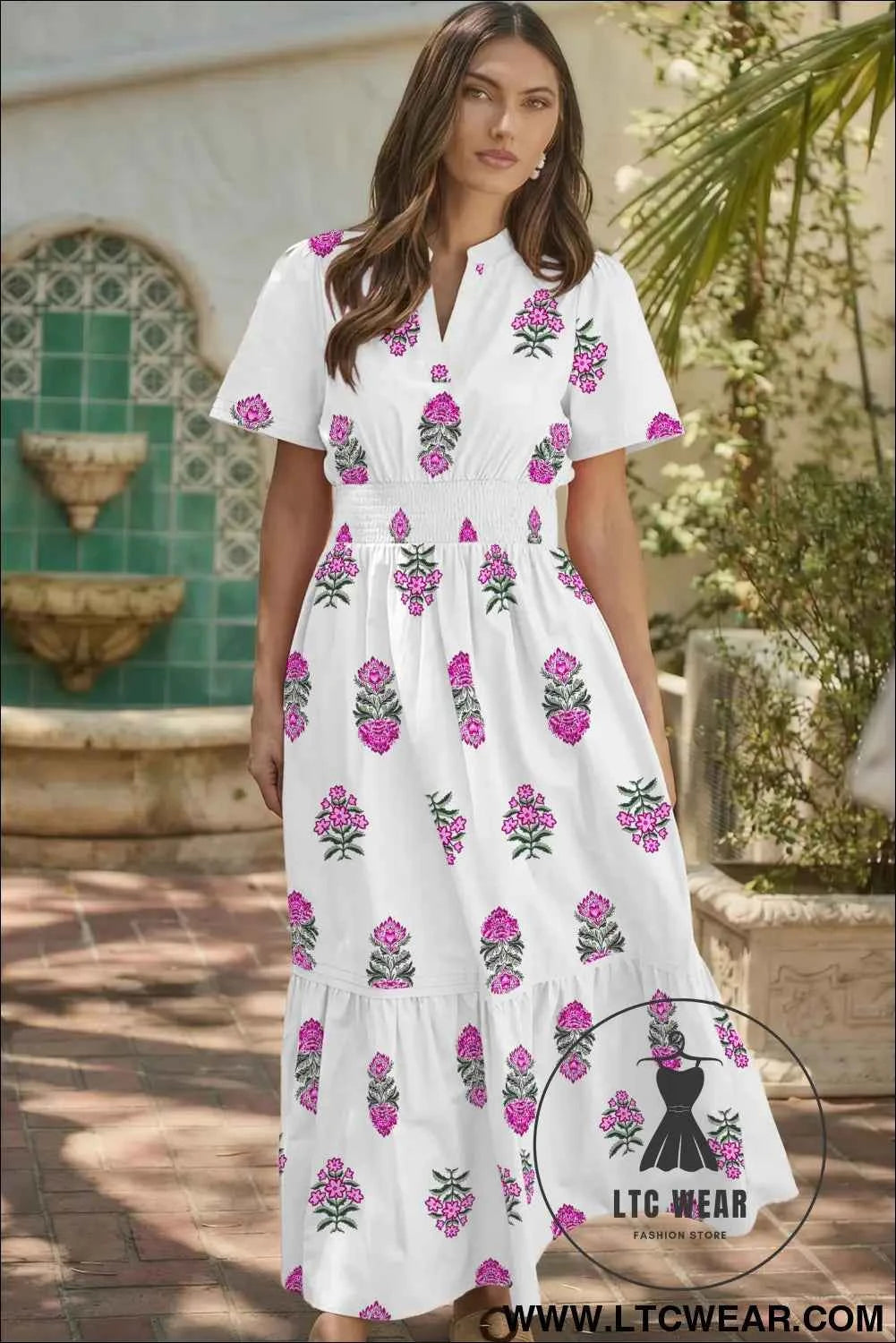 White Floral Print Split Neck Shirred High Waist Ruffle Hem Maxi Dress
