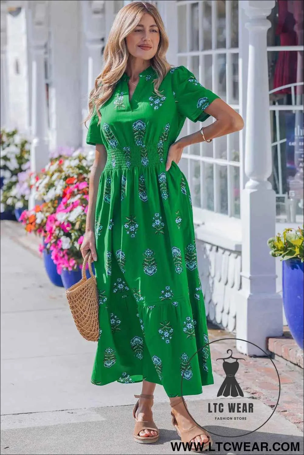 White Floral Print Split Neck Shirred High Waist Ruffle Hem Maxi Dress