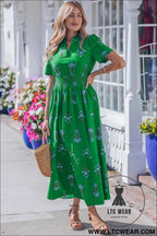 White Floral Print Split Neck Shirred High Waist Ruffle Hem Maxi Dress