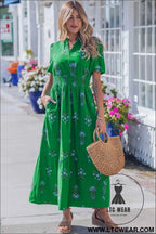 White Floral Print Split Neck Shirred High Waist Ruffle Hem Maxi Dress