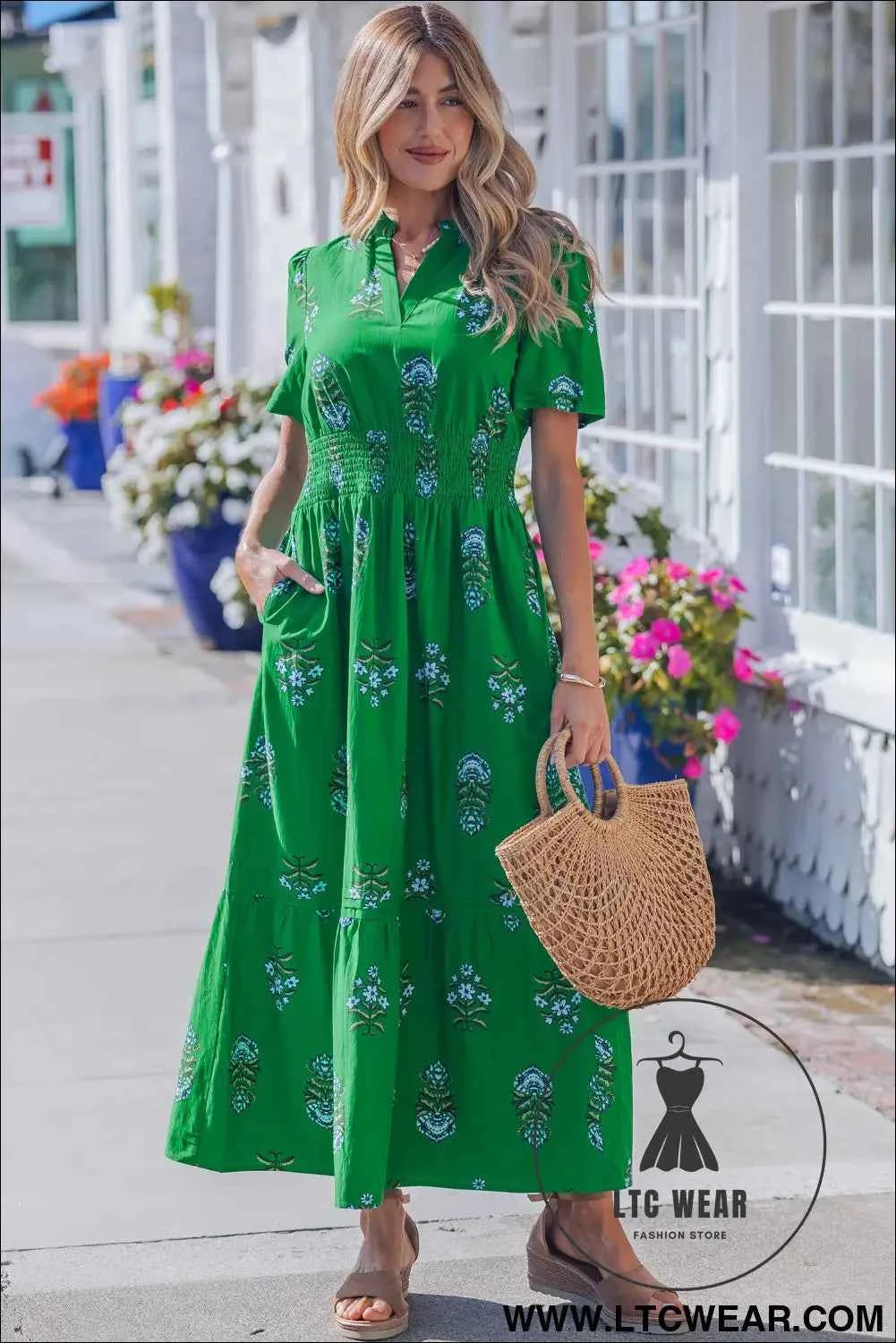 White Floral Print Split Neck Shirred High Waist Ruffle Hem Maxi Dress