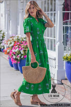 White Floral Print Split Neck Shirred High Waist Ruffle Hem Maxi Dress