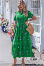 White Floral Print Split Neck Shirred High Waist Ruffle Hem Maxi Dress