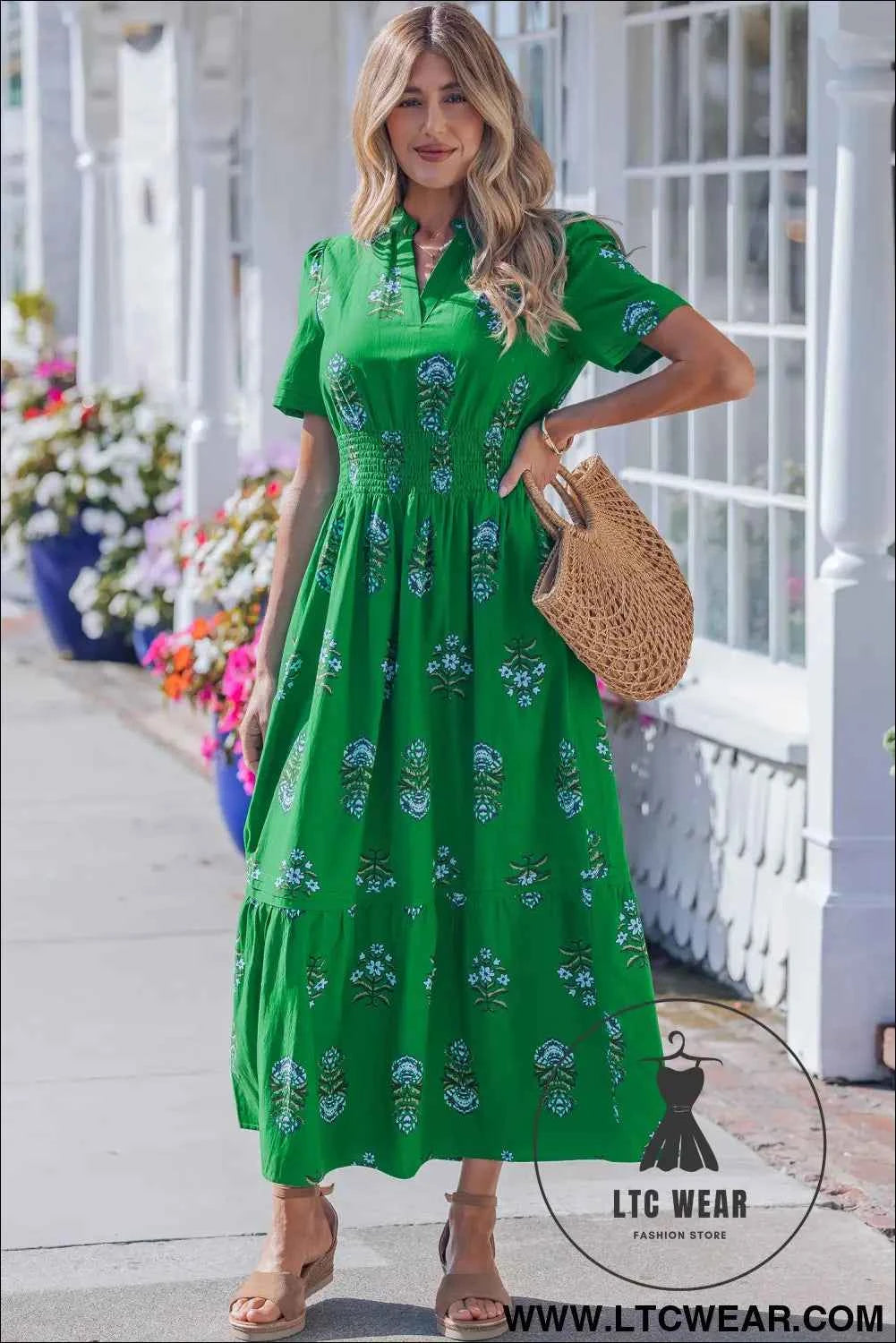 White Floral Print Split Neck Shirred High Waist Ruffle Hem Maxi Dress