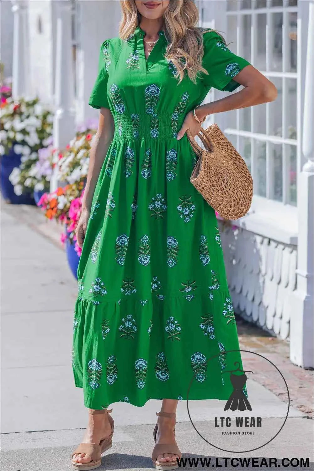 White Floral Print Split Neck Shirred High Waist Ruffle Hem Maxi Dress