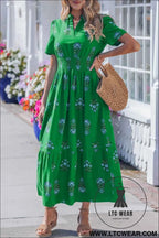 White Floral Print Split Neck Shirred High Waist Ruffle Hem Maxi Dress