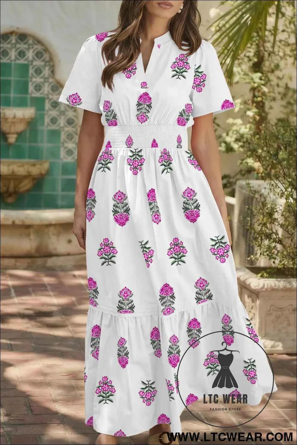 White Floral Print Split Neck Shirred High Waist Ruffle Hem Maxi Dress