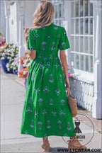 White Floral Print Split Neck Shirred High Waist Ruffle Hem Maxi Dress