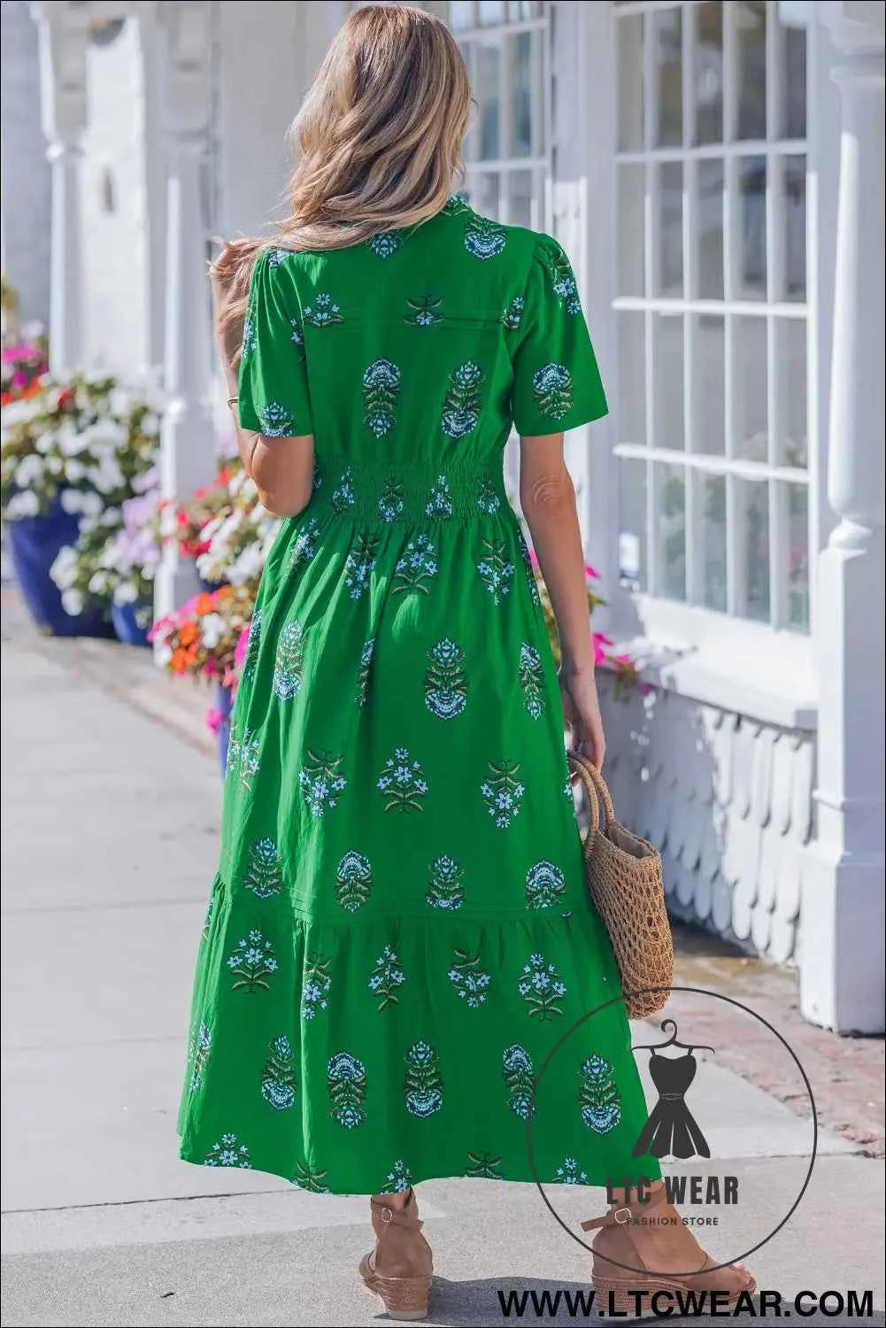 White Floral Print Split Neck Shirred High Waist Ruffle Hem Maxi Dress