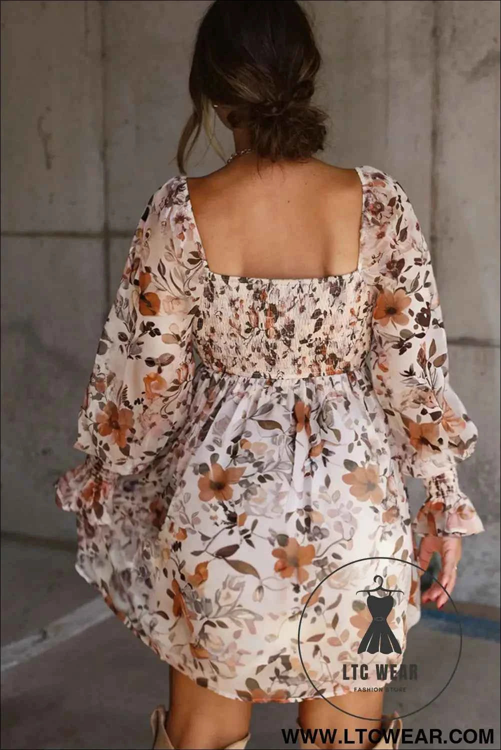 White Floral Print Sweetheart Neck Long Sleeve High Waist Mini Dress