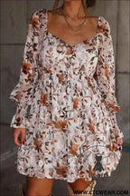 White Floral Print Sweetheart Neck Long Sleeve High Waist Mini Dress