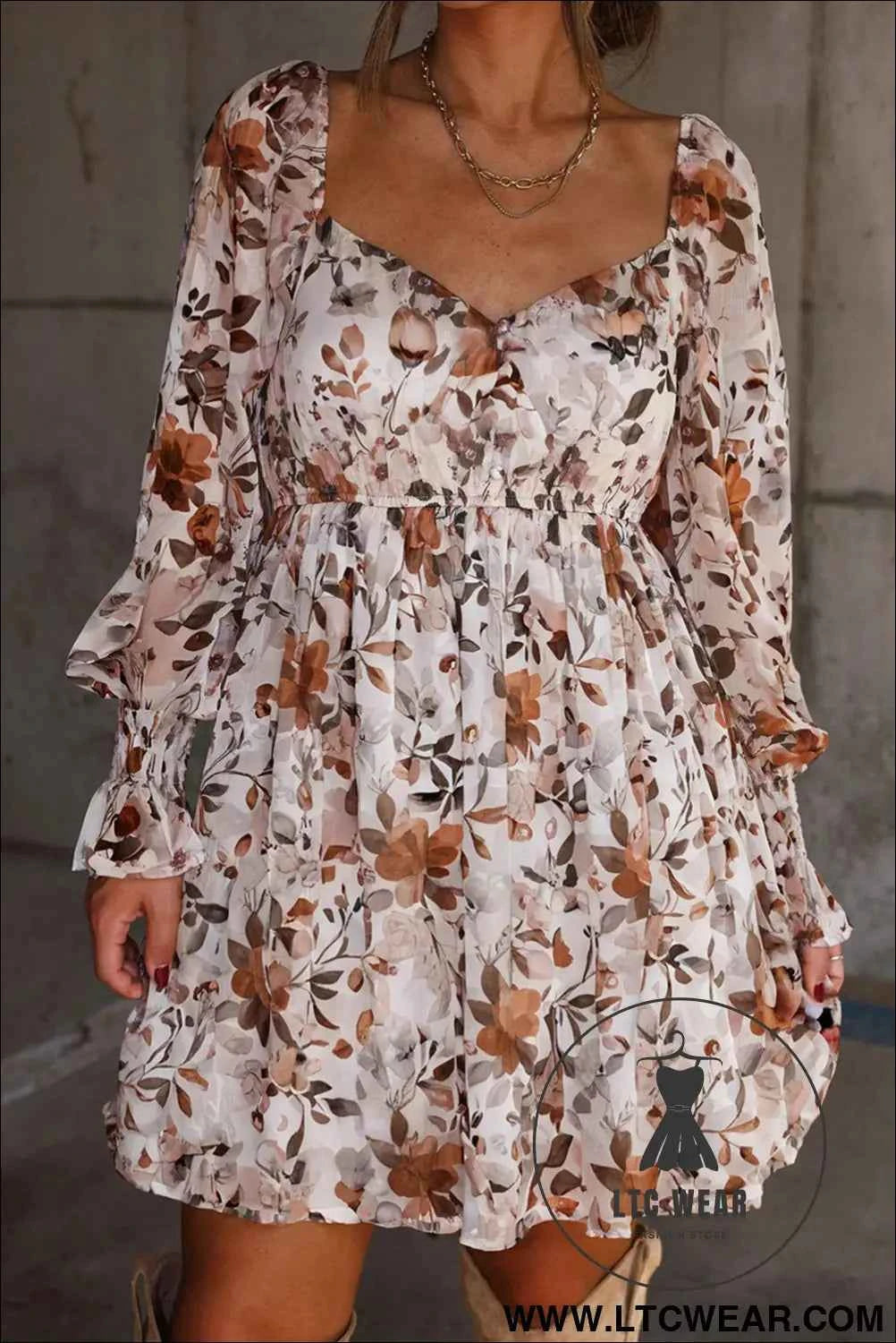 White Floral Print Sweetheart Neck Long Sleeve High Waist Mini Dress
